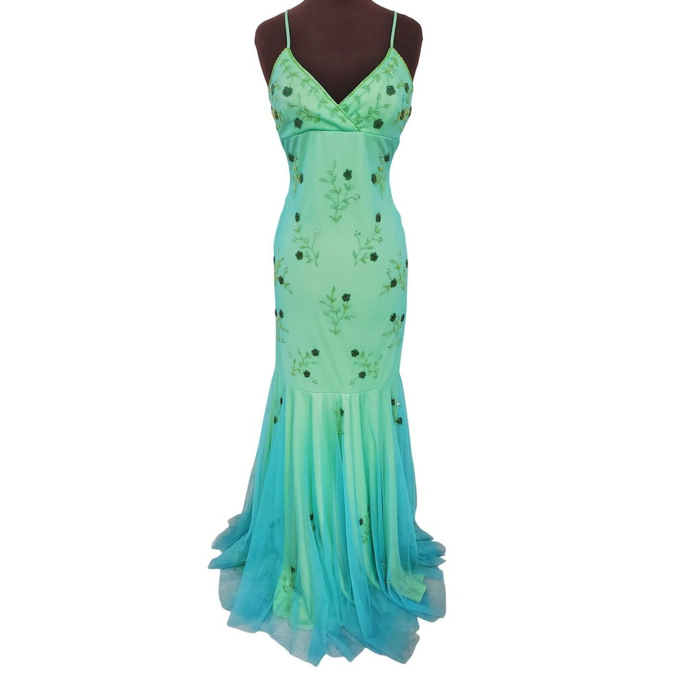 Vtg Y2K Mermaid Formal Prom Dress Lime Green Turquoise Beaded 5 Fairy Backless